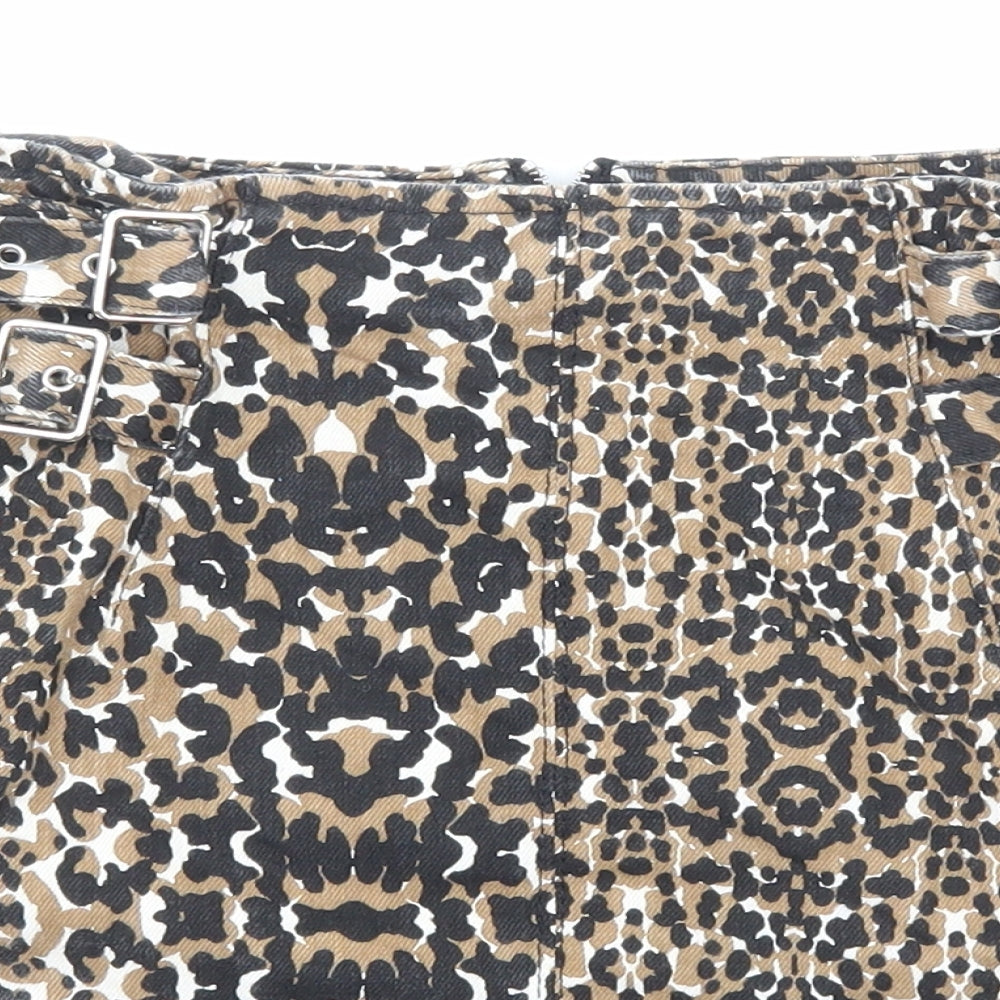 Topshop Womens Brown Animal Print Cotton Straight & Pencil Skirt Size 10 Zip - Leopard Pattern