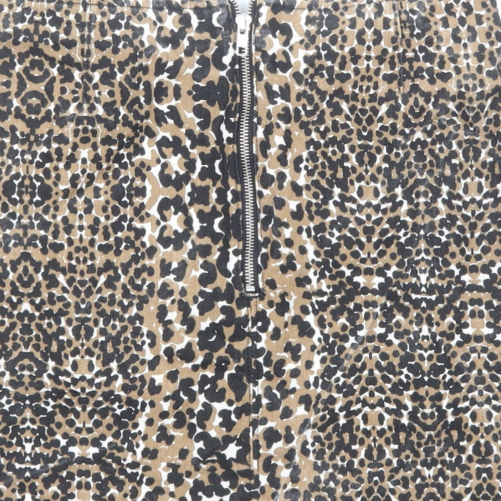 Topshop Womens Brown Animal Print Cotton Straight & Pencil Skirt Size 10 Zip - Leopard Pattern