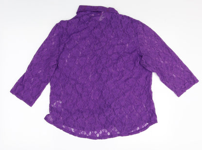 Michele Hope Womens Purple Geometric Nylon Basic Button-Up Size 14 V-Neck