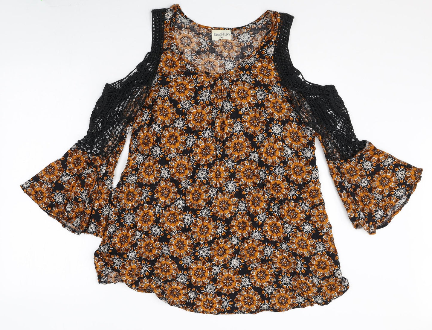 Kiss the Sky Womens Multicoloured Floral Rayon Mini Size XS Boat Neck Pullover - Cold Shoulder