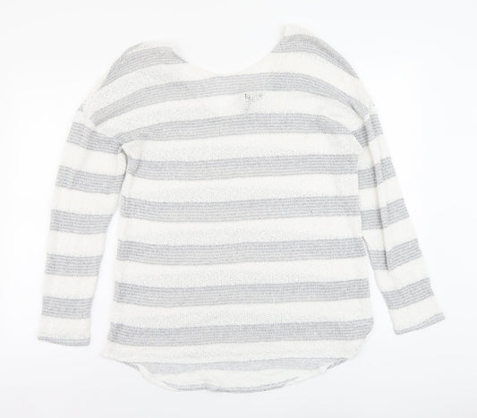 NEXT Womens Grey Scoop Neck Striped Viscose Pullover Jumper Size 14