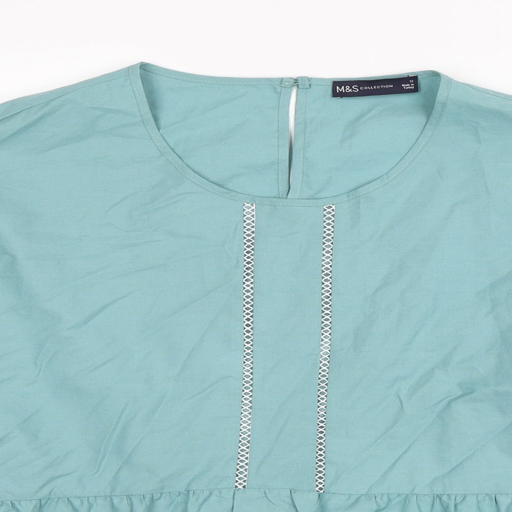 Marks and Spencer Womens Blue Cotton Basic Blouse Size 12 Round Neck