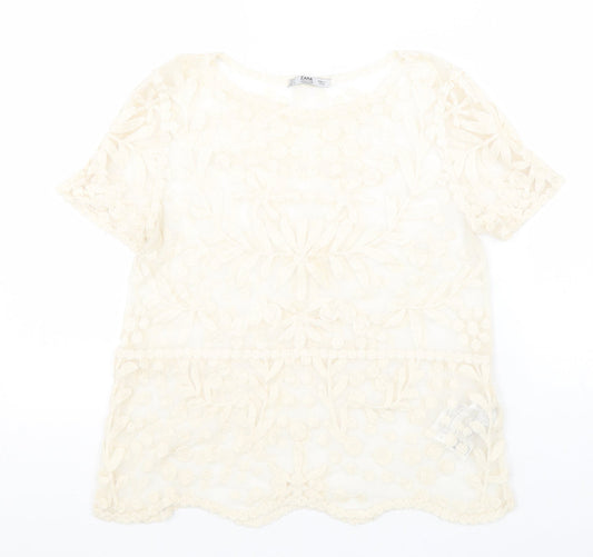 Zara Womens Beige Floral Cotton Basic Blouse Size S Boat Neck