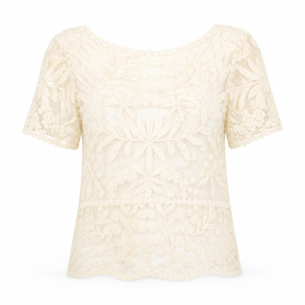 Zara Womens Beige Floral Cotton Basic Blouse Size S Boat Neck