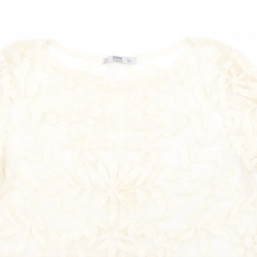 Zara Womens Beige Floral Cotton Basic Blouse Size S Boat Neck