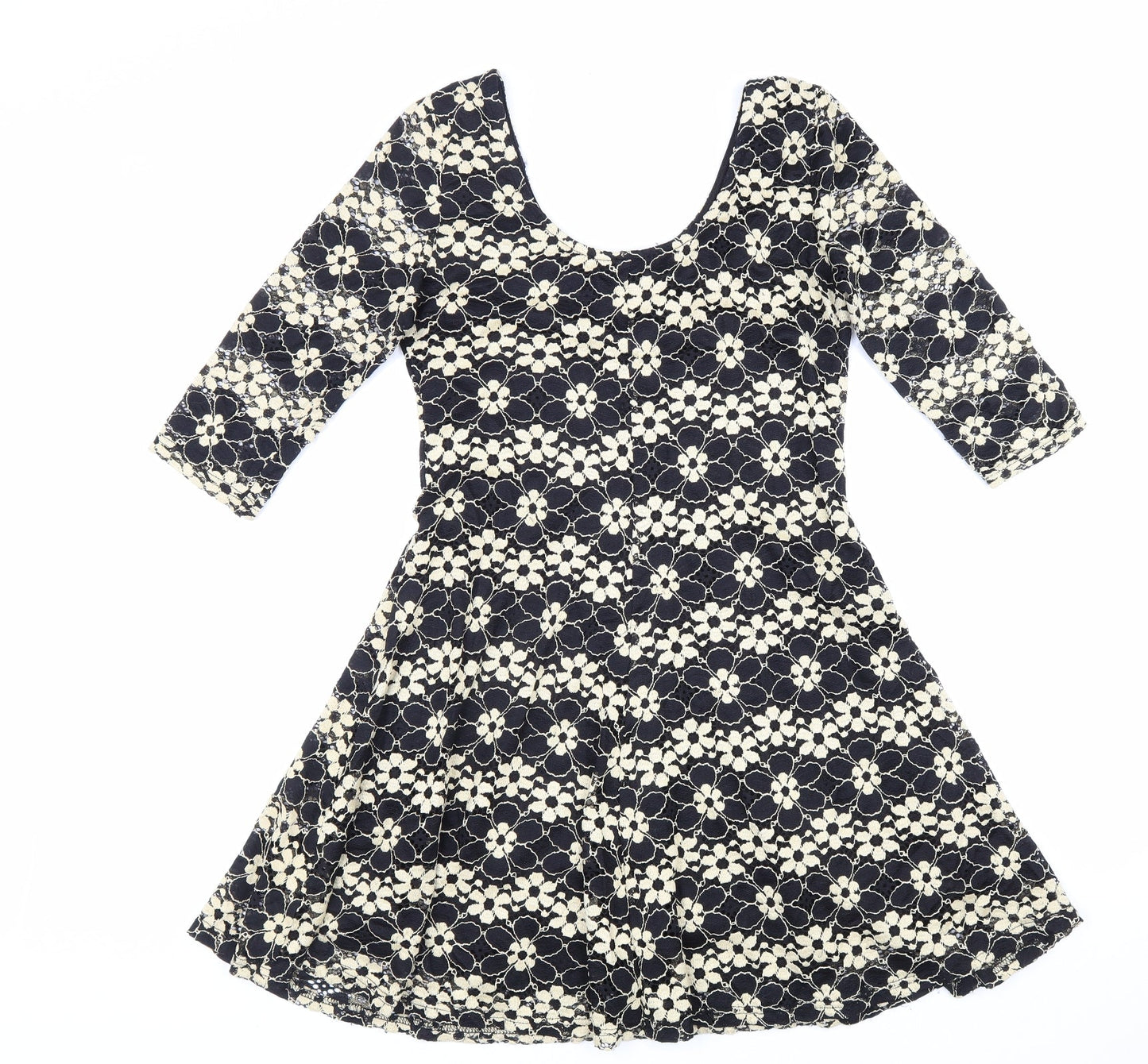 Izabel Womens Black Floral Polyester Skater Dress Size 8 Scoop Neck Pullover