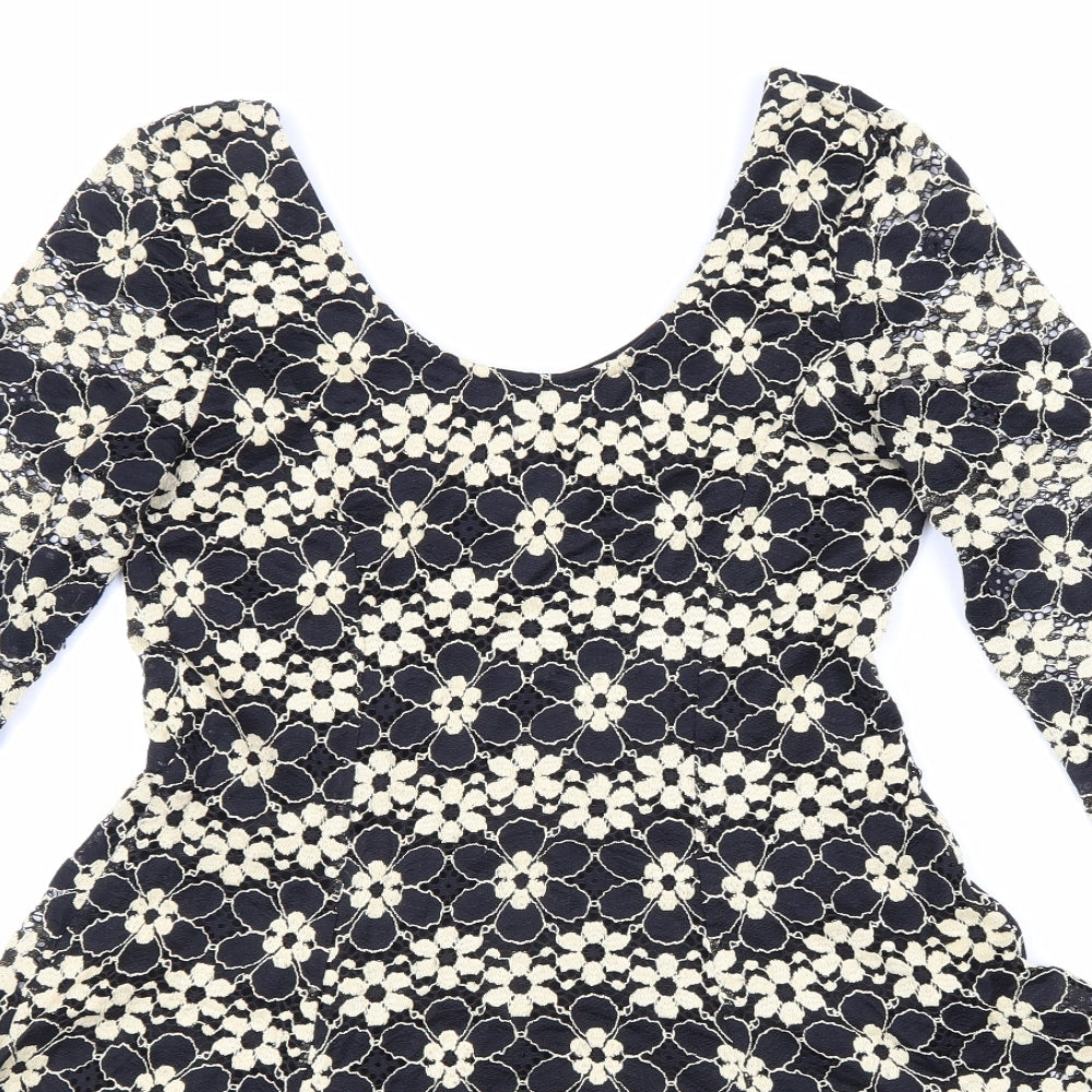 Izabel Womens Black Floral Polyester Skater Dress Size 8 Scoop Neck Pullover
