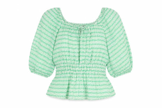 Marks and Spencer Womens Green Geometric Viscose Basic Blouse Size 10 Scoop Neck - Shirred Waist