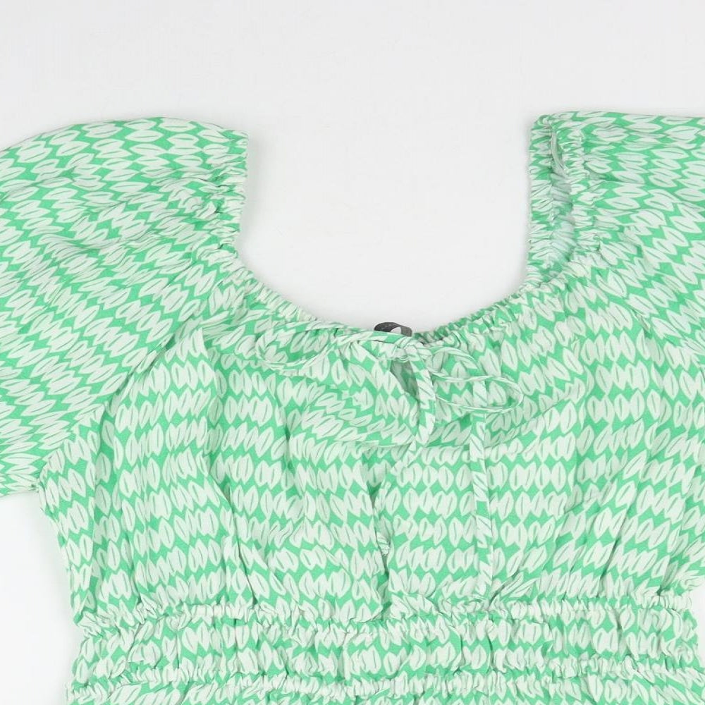 Marks and Spencer Womens Green Geometric Viscose Basic Blouse Size 10 Scoop Neck - Shirred Waist