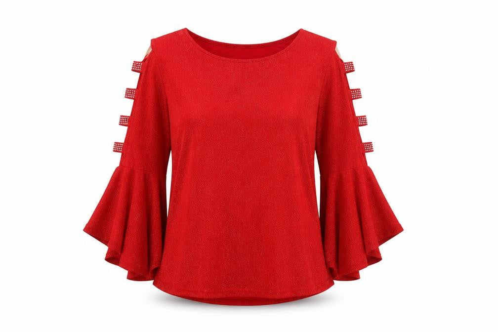 Klass Womens Red Polyester Basic Blouse Size S Boat Neck - Cold Shoulder Bell Sleeve