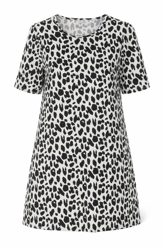 Glamorous Womens White Animal Print Polyester T-Shirt Dress Size 8 Boat Neck Pullover - Leopard Print