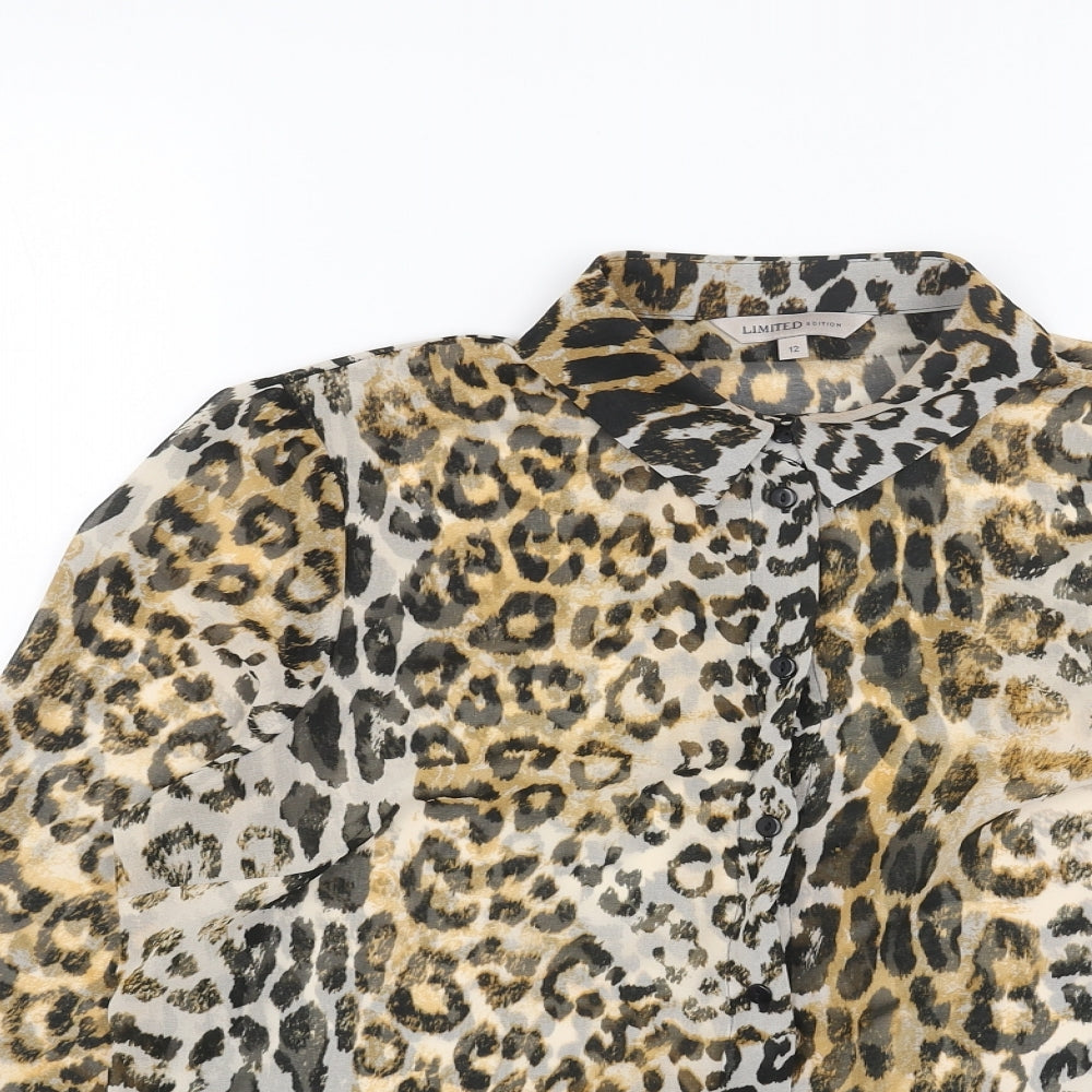 Marks and Spencer Womens Brown Animal Print Polyester Basic Button-Up Size 12 V-Neck - Leopard Print