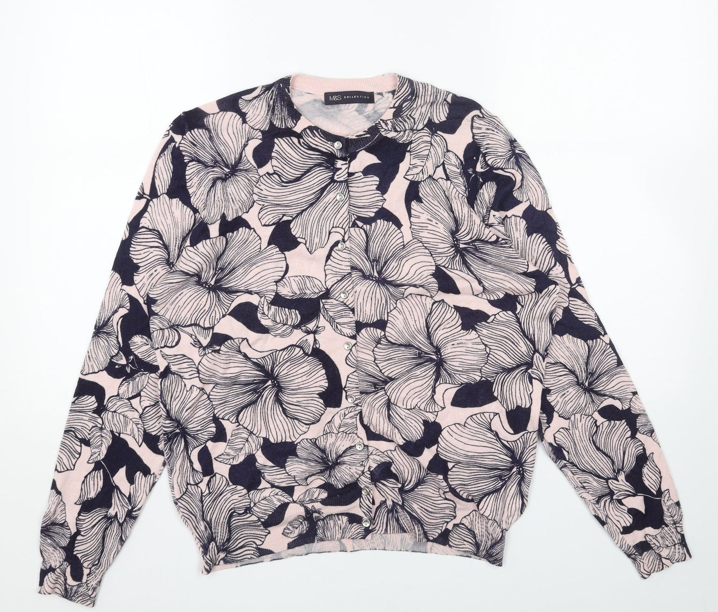 Marks and Spencer Womens Pink Round Neck Floral Acrylic Cardigan Jumper Size 16