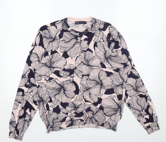 Marks and Spencer Womens Pink Round Neck Floral Acrylic Cardigan Jumper Size 16