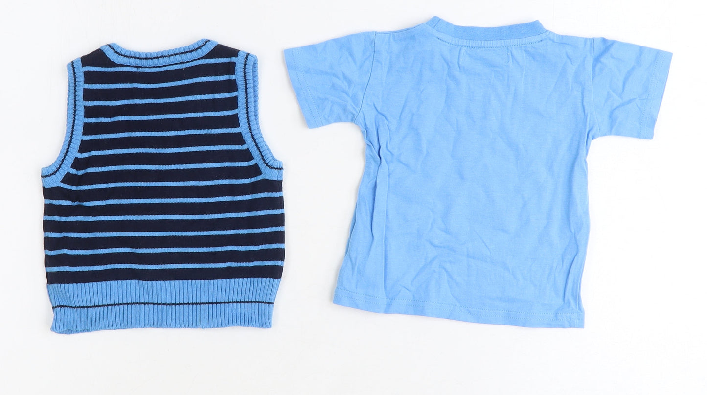 Earlydays Boys Blue Striped 100% Cotton Basic Tank Size 9-12 Months Round Neck Pullover