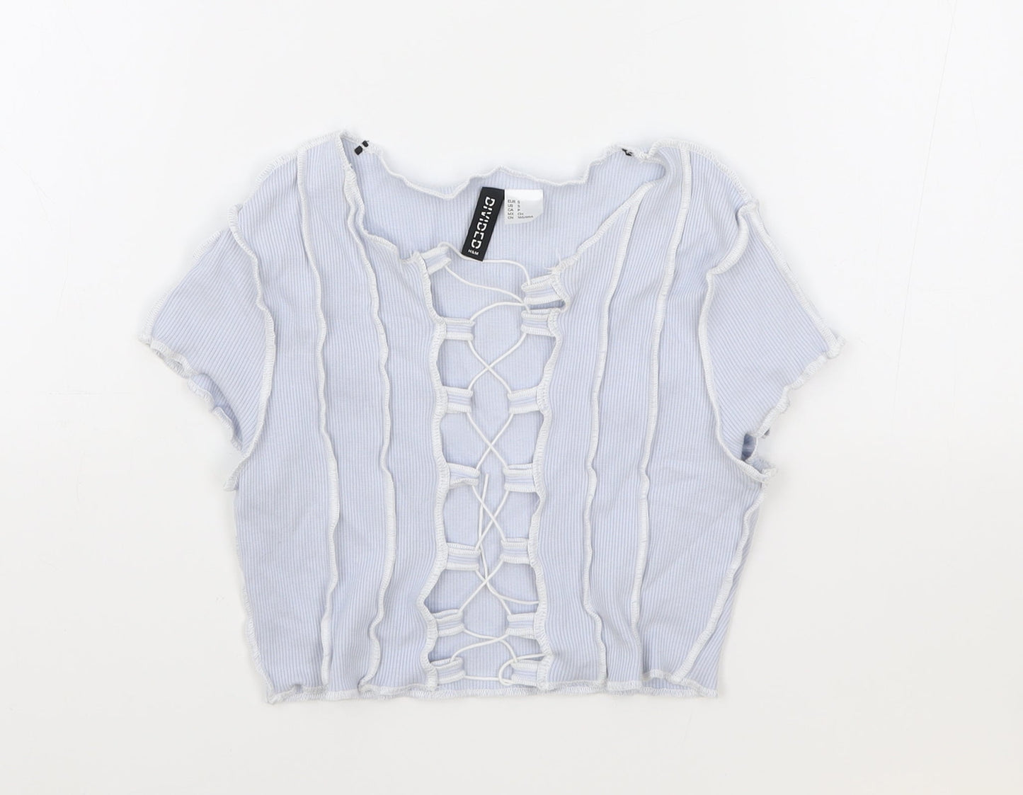 H&M Womens Blue Geometric Cotton Cropped T-Shirt Size S V-Neck