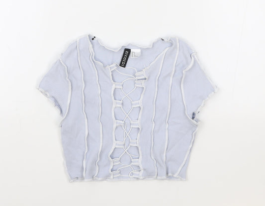 H&M Womens Blue Geometric Cotton Cropped T-Shirt Size S V-Neck