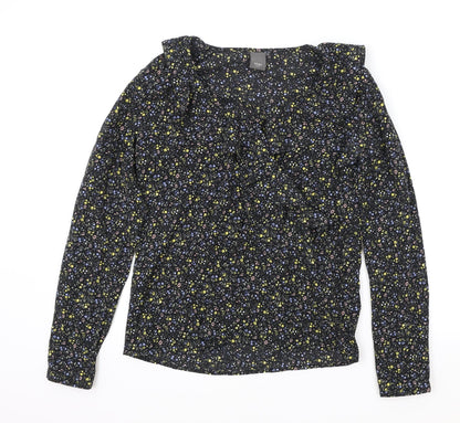 ICHI Womens Black Geometric Polyester Basic Blouse Size S Round Neck