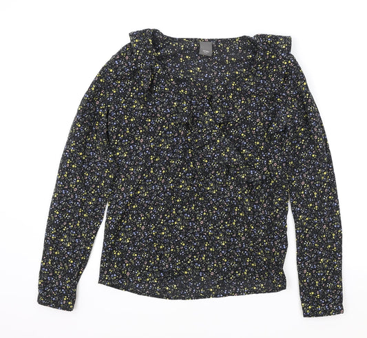 ICHI Womens Black Geometric Polyester Basic Blouse Size S Round Neck