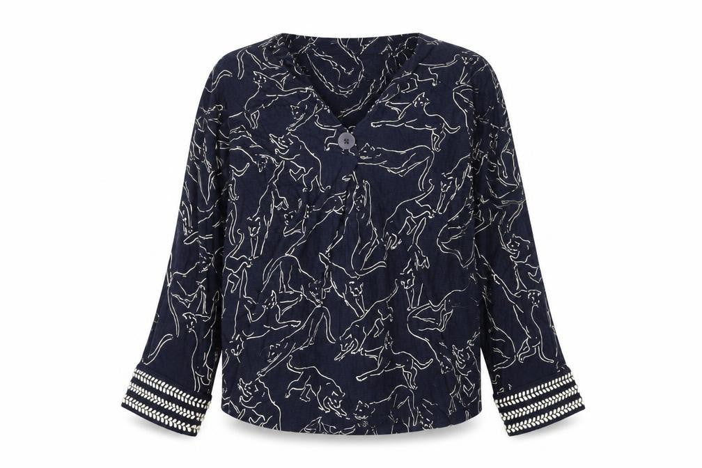 Monsoon Womens Blue Geometric Cotton Basic Blouse Size S V-Neck - Cat Print