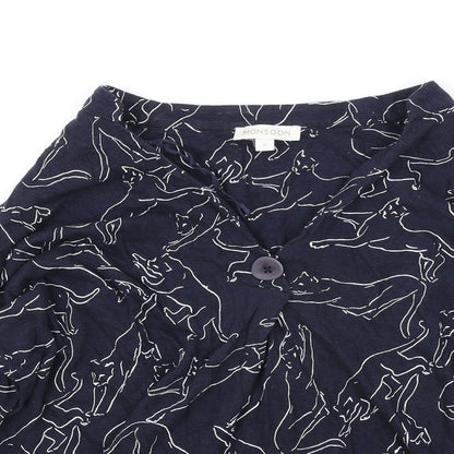 Monsoon Womens Blue Geometric Cotton Basic Blouse Size S V-Neck - Cat Print