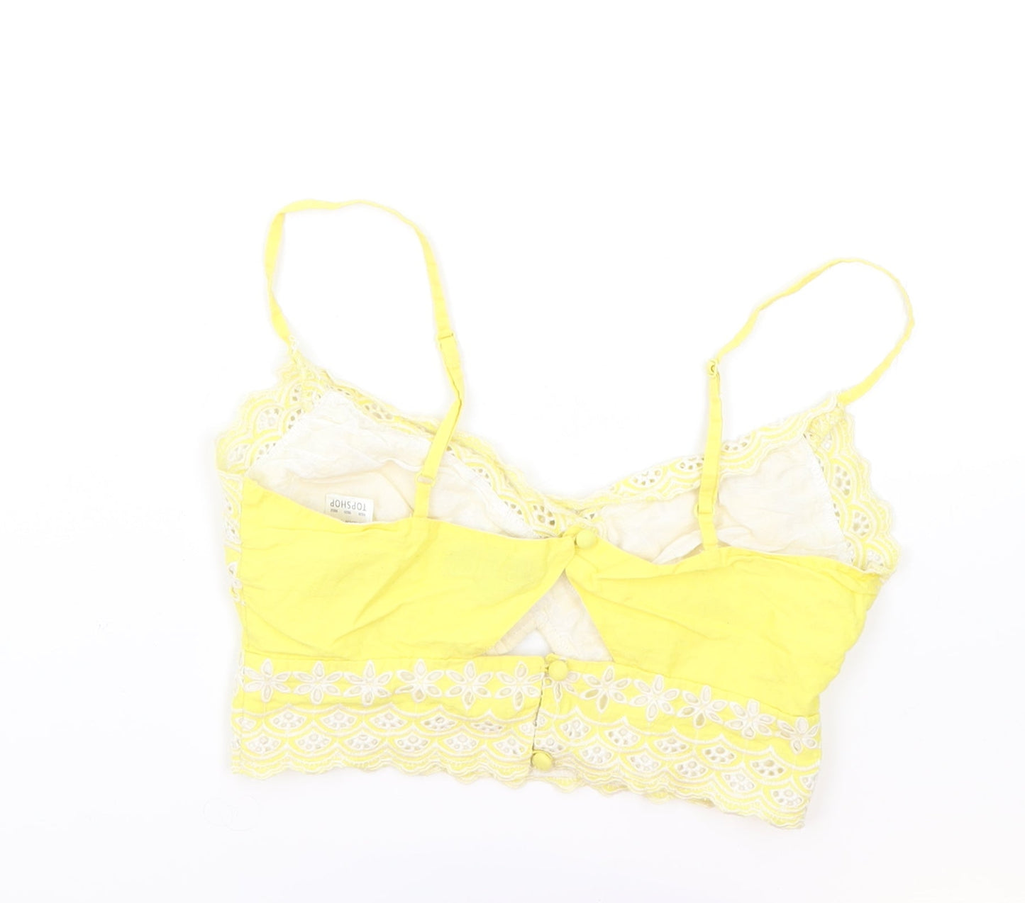 Topshop Womens Yellow Geometric Cotton Cropped Tank Size 6 Sweetheart - Broderie Anglaise Details, Keyhole Neckline