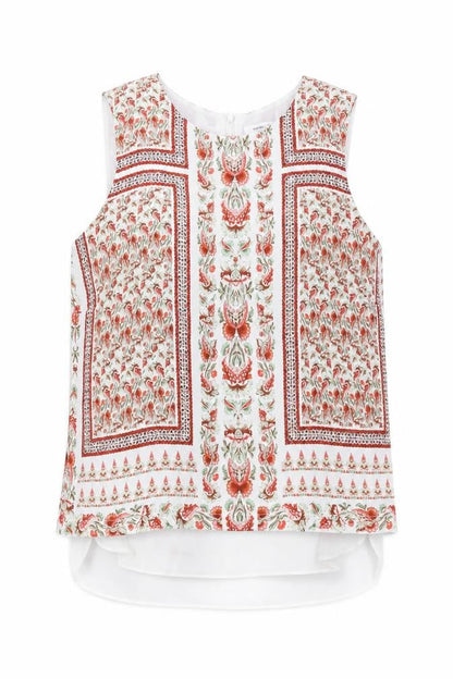 Rose & Olive Womens White Geometric Polyester Basic Tank Size L Round Neck