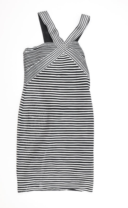Madeline Womens Black Striped Polyester Bodycon Size 14 V-Neck Zip
