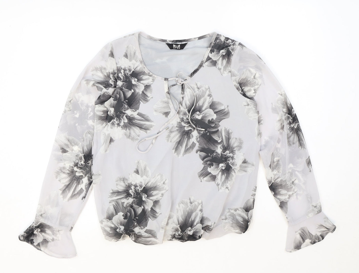 K&D London Womens Grey Floral Polyester Basic Blouse Size 8 Scoop Neck - Tie Neck Detail