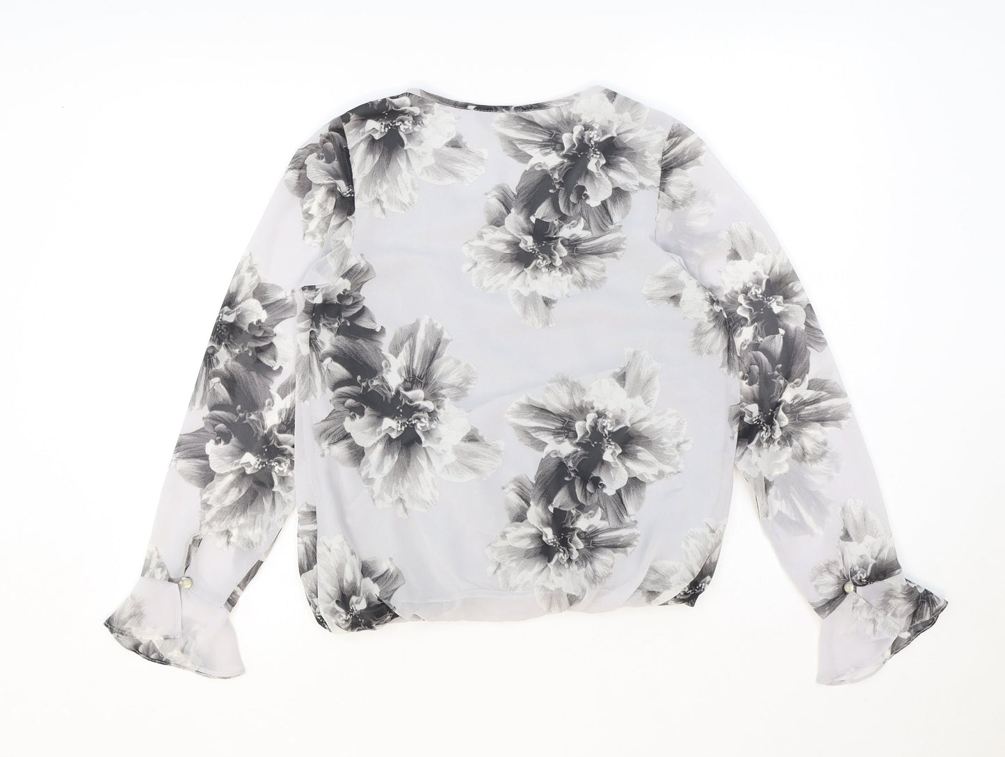 K&D London Womens Grey Floral Polyester Basic Blouse Size 8 Scoop Neck - Tie Neck Detail