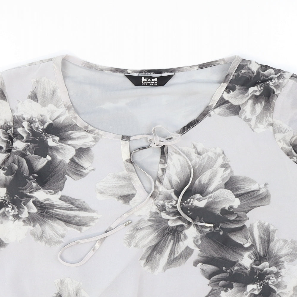 K&D London Womens Grey Floral Polyester Basic Blouse Size 8 Scoop Neck - Tie Neck Detail