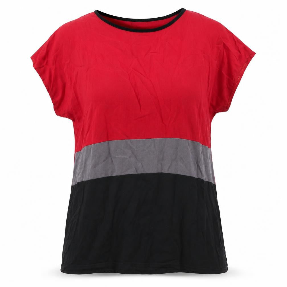 Pourquoi Womens Red Striped Viscose Basic T-Shirt Size XL Round Neck