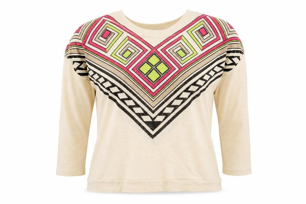 QED London Womens Beige Geometric Polyester Basic T-Shirt Size S Round Neck