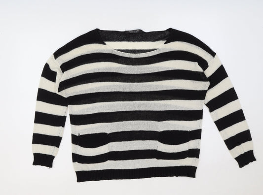 Select Womens Black Scoop Neck Striped Acrylic Pullover Jumper Size 10