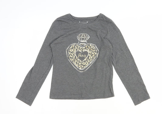 Primark Girls Grey Cotton Basic T-Shirt Size 9-10 Years Round Neck Pullover - Paris