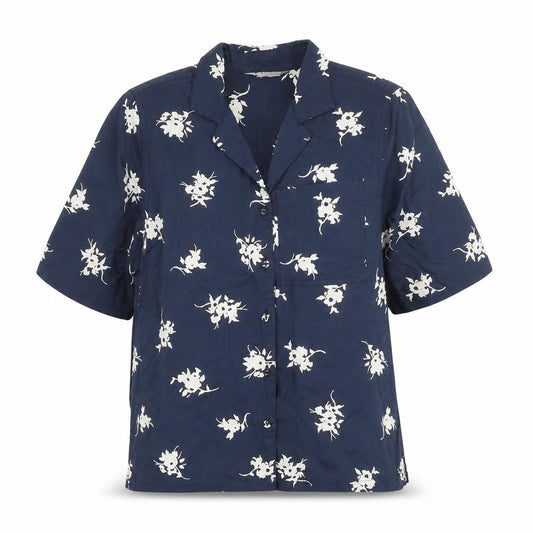 Marks and Spencer Womens Blue Geometric 100% Cotton Basic Button-Up Size 6 V-Neck