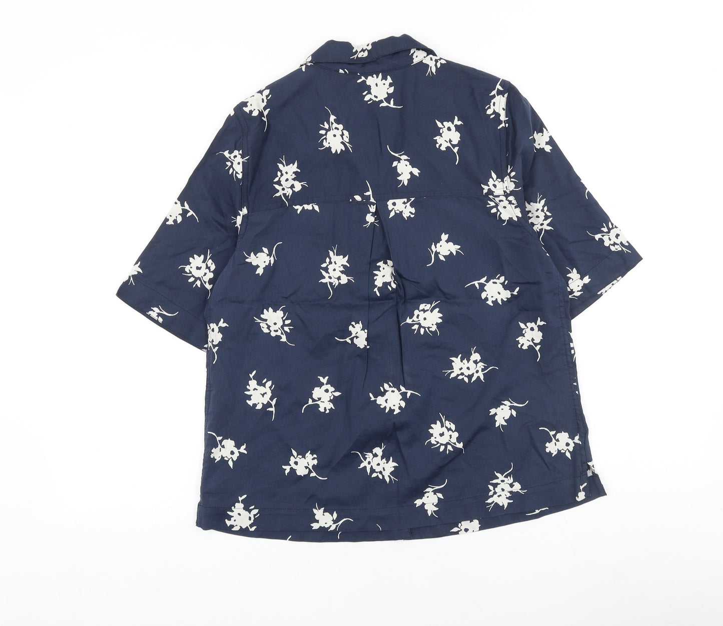 Marks and Spencer Womens Blue Geometric 100% Cotton Basic Button-Up Size 6 V-Neck