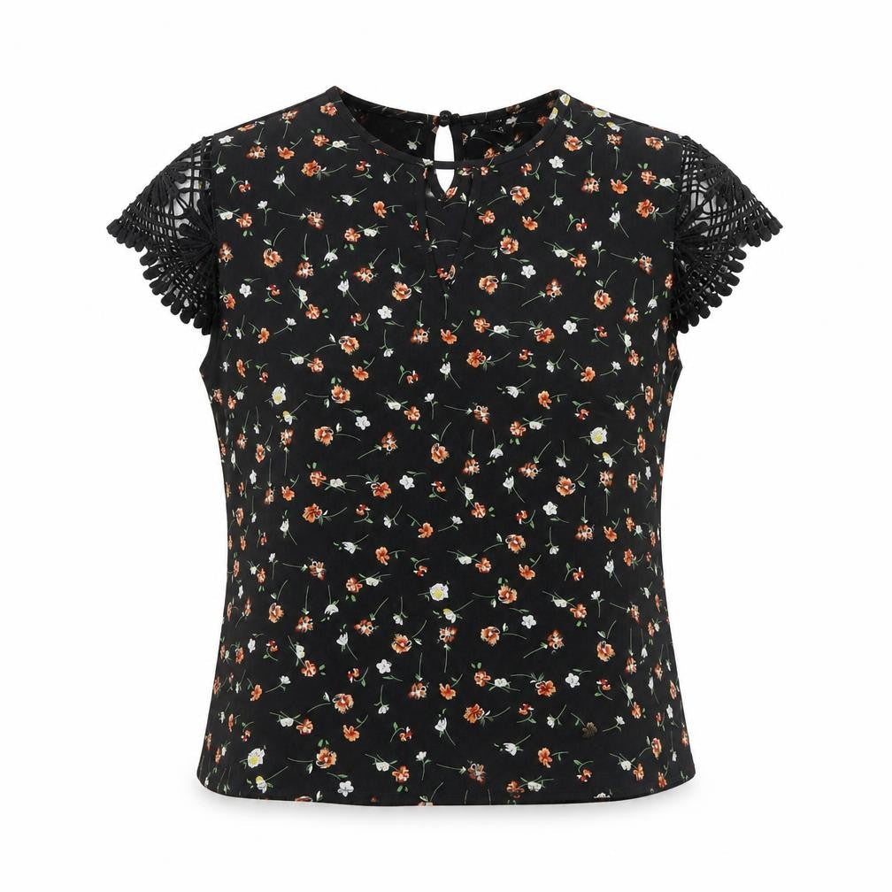 SheIn Womens Black Geometric Polyester Basic Blouse Size L Round Neck - Lace Detail