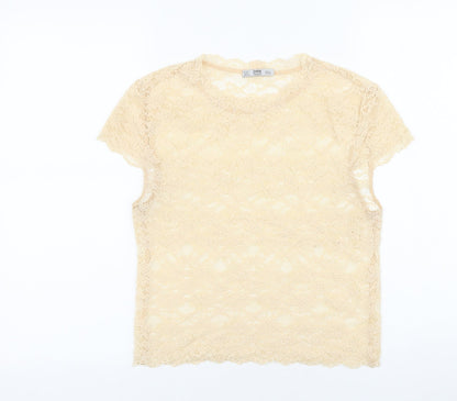 Zara Womens Ivory Geometric Polyamide Basic T-Shirt Size S Round Neck