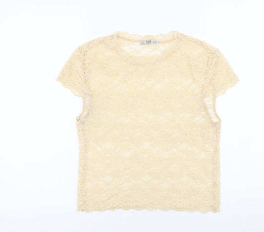 Zara Womens Ivory Geometric Polyamide Basic T-Shirt Size S Round Neck