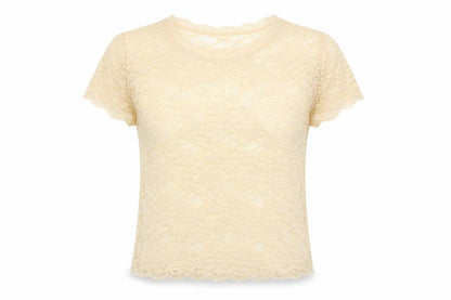 Zara Womens Ivory Geometric Polyamide Basic T-Shirt Size S Round Neck