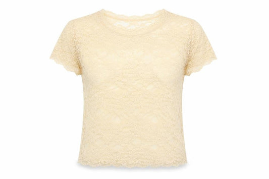 Zara Womens Ivory Geometric Polyamide Basic T-Shirt Size S Round Neck
