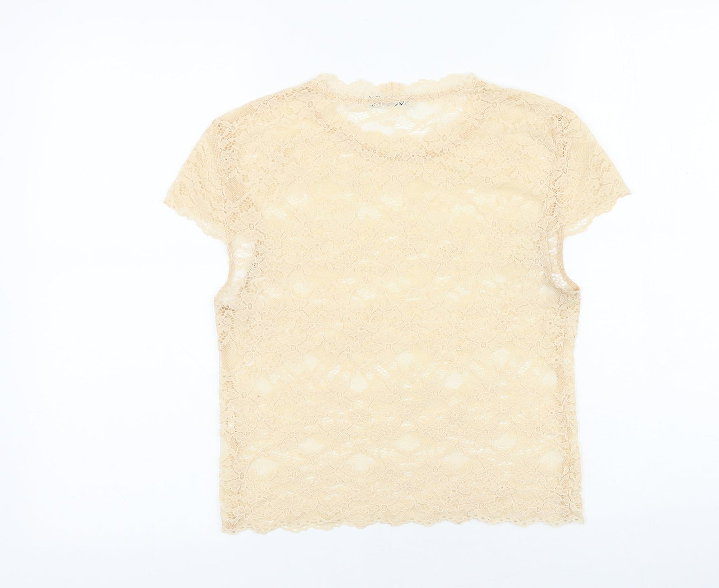 Zara Womens Ivory Geometric Polyamide Basic T-Shirt Size S Round Neck