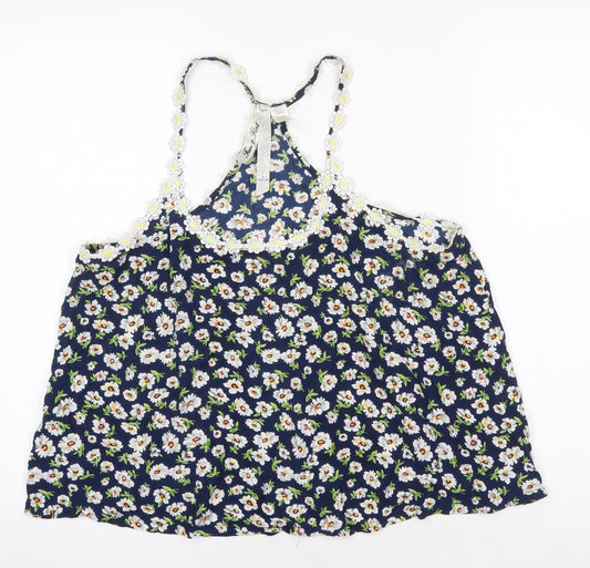 Fun & Flint Womens Blue Floral Viscose Camisole Tank Size L Scoop Neck - Racerback