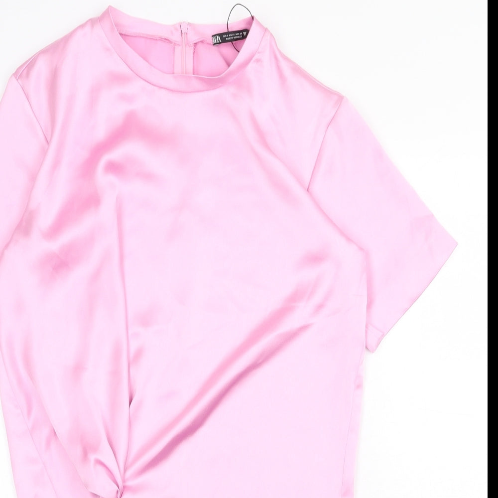 Zara Womens Pink Polyester T-Shirt Dress Size S Round Neck Zip