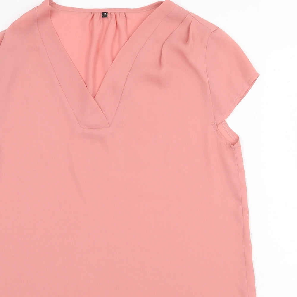 Preworn Womens Pink Polyester Basic Blouse Size 10 V-Neck