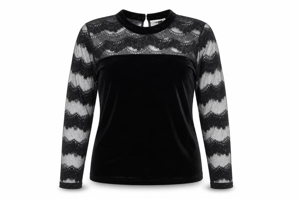 JUNAROSE Womens Black Striped Polyester Basic Blouse Size M Round Neck - Mesh Lace Sleeve