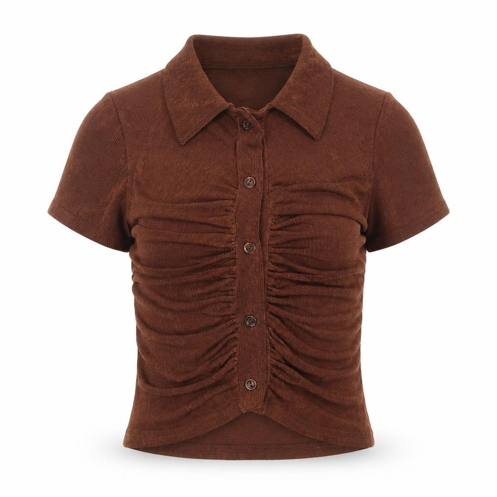 PRETTYLITTLETHING Womens Brown Polyester Cropped Button-Up Size 8 V-Neck