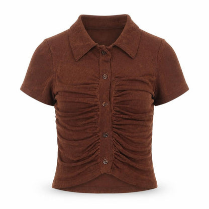 PRETTYLITTLETHING Womens Brown Polyester Cropped Button-Up Size 8 V-Neck