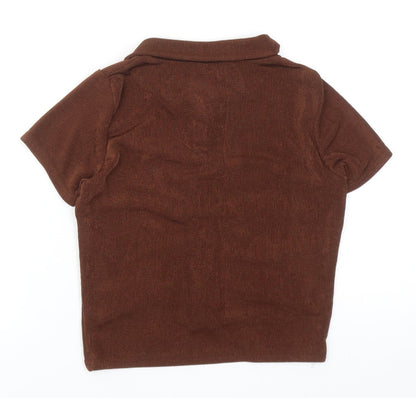 PRETTYLITTLETHING Womens Brown Polyester Cropped Button-Up Size 8 V-Neck
